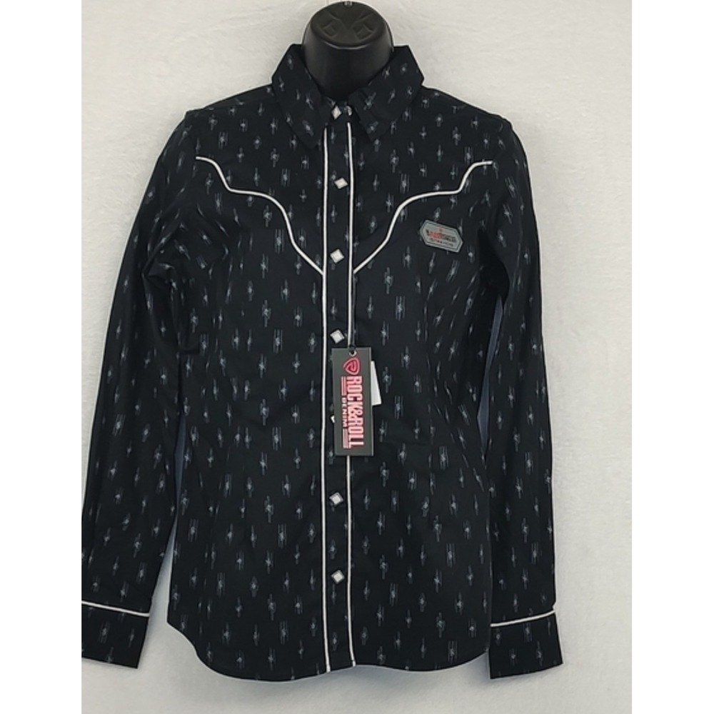 Rock & Roll Cowgirl Womens Black Geometric ReFlex Stretch Western Snap Shirt - Picture 2 of 4
